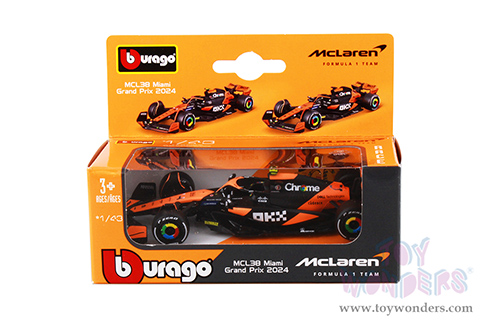 Bburago Formula Racing - 36-Pack McLaren MCL38 Miami Grand Prix Sidekick Formula One F1 (2024) with Power Wing (1/43 scale diecast model car, Black/Orange) 01933-MCL