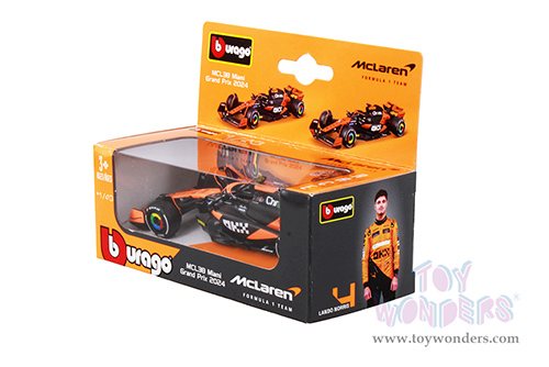 Bburago Formula Racing - 36-Pack McLaren MCL38 Miami Grand Prix Sidekick Formula One F1 (2024) with Power Wing (1/43 scale diecast model car, Black/Orange) 01933-MCL
