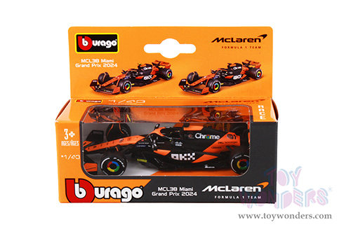 Bburago Formula Racing - 36-Pack McLaren MCL38 Miami Grand Prix Sidekick Formula One F1 (2024) with Power Wing (1/43 scale diecast model car, Black/Orange) 01933-MCL