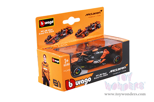 Bburago Formula Racing - 36-Pack McLaren MCL38 Miami Grand Prix Sidekick Formula One F1 (2024) with Power Wing (1/43 scale diecast model car, Black/Orange) 01933-MCL