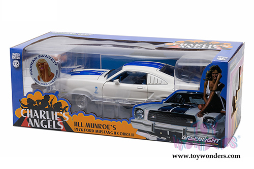 Greenlight Charlie's Angels - Jill Munroe's Ford Mustang II Cobra II Hard Top with Farrah Fawcett Figure (1976, 1/18 scale diecast model car, White w/ Blue Stripes) 12880B