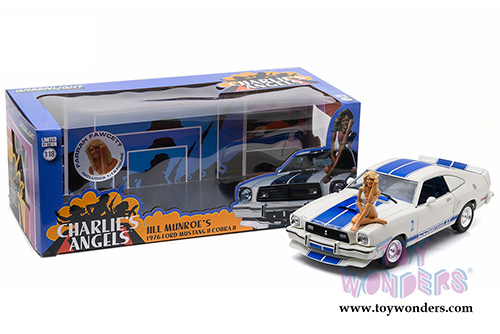 Greenlight Charlie's Angels - Jill Munroe's Ford Mustang II Cobra II Hard Top with Farrah Fawcett Figure (1976, 1/18 scale diecast model car, White w/ Blue Stripes) 12880B