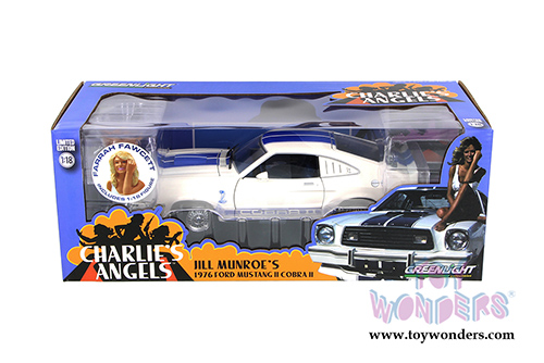 Greenlight Charlie's Angels - Jill Munroe's Ford Mustang II Cobra II Hard Top with Farrah Fawcett Figure (1976, 1/18 scale diecast model car, White w/ Blue Stripes) 12880B