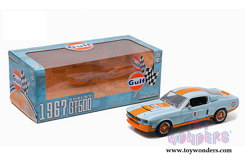 Greenlight - Shelby GT-500 Gulf Oil #8 Hard Top (1967, 1/18 scale diecast model car, Light Blue w/ Orange Stripes) 12954
