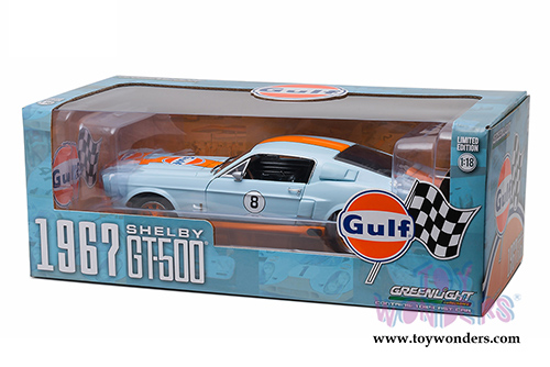 Greenlight - Shelby GT-500 Gulf Oil #8 Hard Top (1967, 1/18 scale diecast model car, Light Blue w/ Orange Stripes) 12954