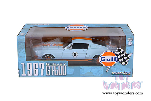 Greenlight - Shelby GT-500 Gulf Oil #8 Hard Top (1967, 1/18 scale diecast model car, Light Blue w/ Orange Stripes) 12954