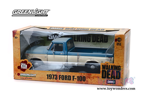 Greenlight - The Walking Dead Ford F-100 Ranger XLT Pickup Truck (Weathered, 1973, 1/18 scale diecast model car, White/Blue) 12956