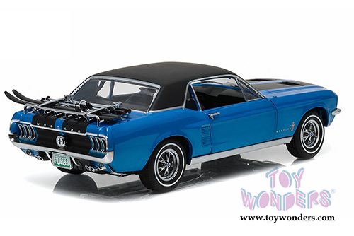 Greenlight - Ford Mustang Coupe with Ski Rack "Ski Country Special" Hard Top (1967, 1/18 scale diecast model car, Vail Blue w/Black Stripes) 12965