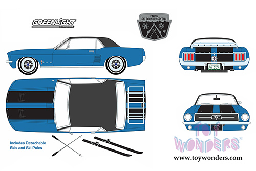 Greenlight - Ford Mustang Coupe with Ski Rack "Ski Country Special" Hard Top (1967, 1/18 scale diecast model car, Vail Blue w/Black Stripes) 12965