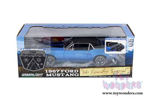Greenlight - Ford Mustang Coupe with Ski Rack "Ski Country Special" Hard Top (1967, 1/18 scale diecast model car, Vail Blue w/Black Stripes) 12965