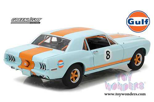 Greenlight - Ford Mustang Coupe Gulf Oil #8 Hardtop (1967, 1/18 scale diecast model car, Light Blue w/ Orange Stripes) 12989