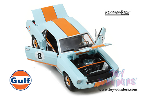 Greenlight - Ford Mustang Coupe Gulf Oil #8 Hardtop (1967, 1/18 scale diecast model car, Light Blue w/ Orange Stripes) 12989
