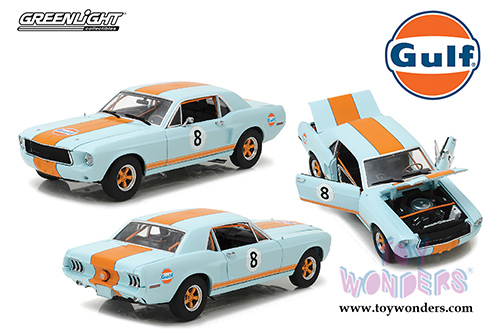 Greenlight - Ford Mustang Coupe Gulf Oil #8 Hardtop (1967, 1/18 scale diecast model car, Light Blue w/ Orange Stripes) 12989