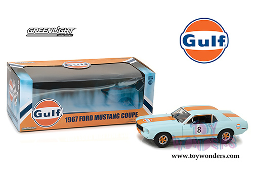 Greenlight - Ford Mustang Coupe Gulf Oil #8 Hardtop (1967, 1/18 scale diecast model car, Light Blue w/ Orange Stripes) 12989