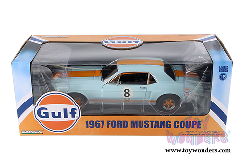 Greenlight - Ford Mustang Coupe Gulf Oil #8 Hardtop (1967, 1/18 scale diecast model car, Light Blue w/ Orange Stripes) 12989