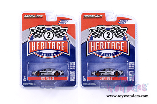 Greenlight - Ford GT Racing Heritage Series 2 | Ford GT #7 Tribute to 1966 Ford GT40 Mk II (2017, 1/64 scale die cast model car, Silver/Black) 13220B/48