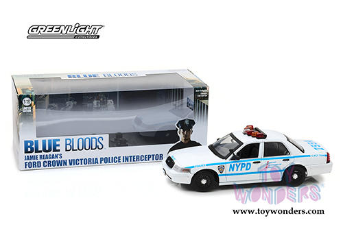 Greenlight - Jamie Reagan's Ford Crown Victoria Police Interceptor NYPD from "Blue Bloods" 2010 TV Series (2001, 1/18 scale diecast model car, White/Blue) 13513