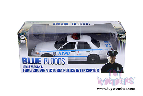Greenlight - Jamie Reagan's Ford Crown Victoria Police Interceptor NYPD from "Blue Bloods" 2010 TV Series (2001, 1/18 scale diecast model car, White/Blue) 13513