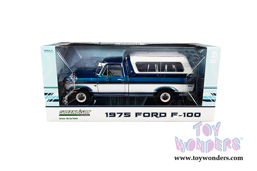 Greenlight - Ford F-100 Ranger Pickup Truck with Deluxe Box Cover (1975, 1/18 scale diecast model car, Blue/White) 13544