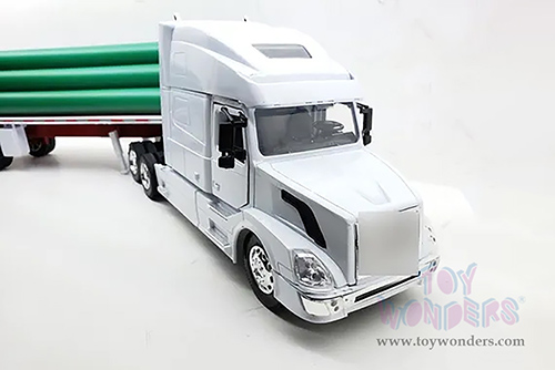 New Ray - Long Haul Trucker | Volvo® VN-780 Flatbed Trailer with Long Pipes (1/32, scale diecast model car, White) 14223B