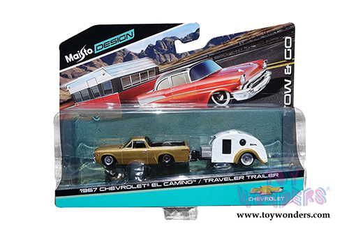 Maisto Design Tow & Go - Chevrolet El Camino&trade;/Traveler Trailer (1967, 1/64 scale diecast model car, Gold/White) 15368ELC