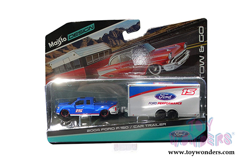 Maisto Design Tow & Go - Ford F-150 Pickup Truck/Car Trailer (2004, 1/64 scale diecast model car, Blue/White) 15368F