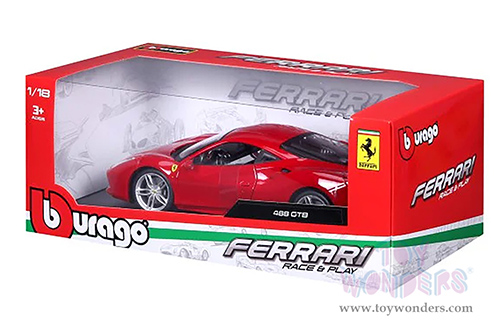 BBurago Ferrari Race & Play - Ferrari 488 GTB Hardtop (1/18 scale diecast model car, Red) 16008R
