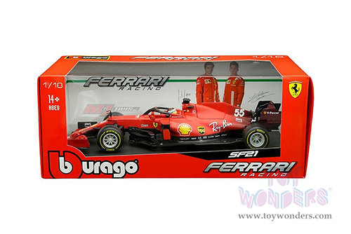 BBurago Ferrari Racing - Ferrari SF21 #55 Carlos Sainz Formula One F1 Car (2021) (1/18 scale diecast model car, Red) 18-16809SAIN