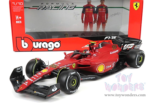 BBurago Ferrari Racing - Ferrari F1-75 #55 Carlos Sainz Formula One F1 Car (2022) "Formula Racing" (1/18 scale diecast model car, Red) 18-16811SAIN