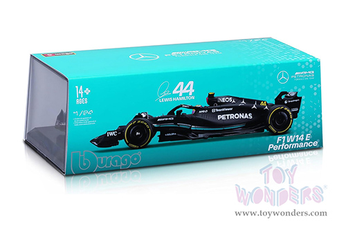 Bburago Formula Racing - Mercedes AMG Petronas F1 Team #44 Lewis Hamilton with Driver Formula One F1 W14 E Performance (2023) (1/24 scale diecast model car, Black) 18-28028/44