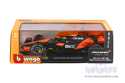 Bburago Formula Racing - McLaren F1 Team #4 Lando Norris with Driver "OKX" Winner Formula One F1 Miami GP (2024) (1/24 scale diecast model car, Black/Orange) 18-28033/4A