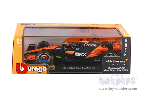 Bburago Formula Racing - McLaren F1 Team #81 Oscar Piastri with Driver "OKX" Formula One F1 Miami GP (2024) (1/24 scale diecast model car, Black/Orange) 18-28033/81A