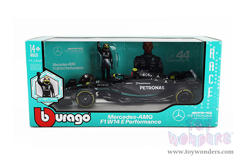 Bburago Formula Racing - Mercedes AMG Petronas F1 Team #44 Lewis Hamilton Formula One F1 W14 E Performance (2023) with Driver Figure (1/24 scale diecast model car, Black) 18-28037/44