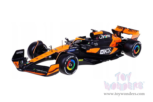 Bburago Formula Racing - McLaren F1 Team #81 Oscar Piastri "OKX" Formula One F1 Miami GP (2024) with Driver Figure (1/24 scale diecast model car, Black/Orange) 18-28040/81