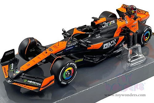 Bburago Formula Racing - McLaren F1 Team #81 Oscar Piastri "OKX" Formula One F1 Miami GP (2024) with Driver Figure (1/24 scale diecast model car, Black/Orange) 18-28040/81
