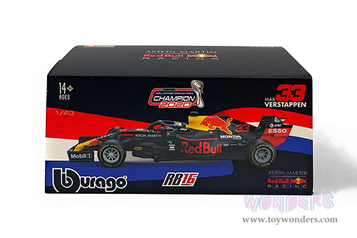 BBurago - Aston Martin Red Bull Racing RB16 #33 Max Verstappen Winner Formula One F1 Abu Dhabi GP (2020) with driver (1/43 scale diecast model car, Black) 18-38053VERS