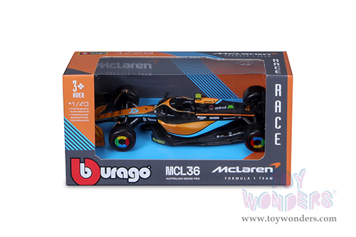Bburago Formula Racing - McLaren F1 Team #4 Lando Norris Formula One F1 Australian GP (2022) (1/43 scale diecast model car, Black/Orange/Blue) 18-38063/NOR