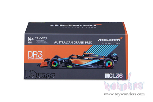 Bburago Formula Racing - McLaren F1 Team #3 Dan Ricciardo with Driver Formula One F1 Australian GP (2022) (1/43 scale diecast model car, Black/Orange/Blue) 18-38064/RIC