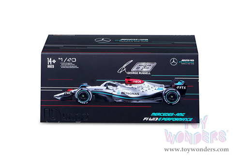Bburago Formula Racing - AMG Petronas F1 Team #63 George Russell with Driver Formula One F1 W13 E Performance (2022) (1/43 scale diecast model car, Silver) 18-38066/RUS
