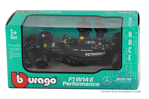 Bburago Formula Racing - Mercedes AMG Petronas F1 Team #44 Lewis Hamilton Formula One F1 W14 E Performance (2023) (1/43 scale diecast model car, Black) 18-38080/44