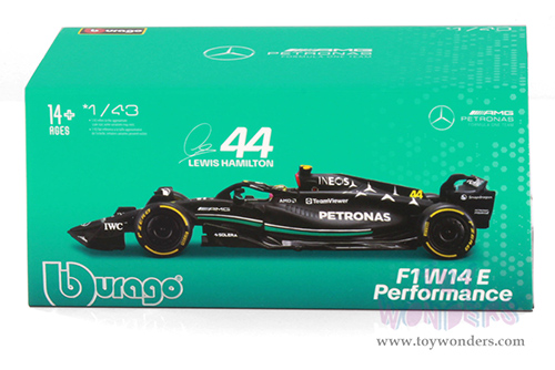 Bburago Formula Racing - Mercedes AMG Petronas F1 Team #44 Lewis Hamilton with Driver Formula One F1 W14 E Performance (2023) (1/43 scale diecast model car, Black) 18-38081/44