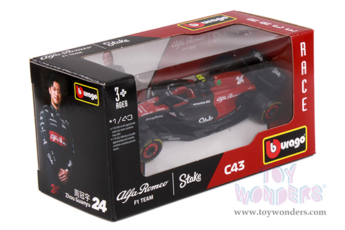 Bburago Formula Racing - Alfa Romeo F1 Team Stake C43 #24 Zhou Guanyu Formula One F1 Bahrain GP (2023) (1/43 scale diecast model car, Red/Black) 18-38085/24