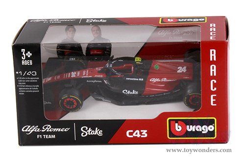 Bburago Formula Racing - Alfa Romeo F1 Team Stake C43 #24 Zhou Guanyu Formula One F1 Bahrain GP (2023) (1/43 scale diecast model car, Red/Black) 18-38085/24