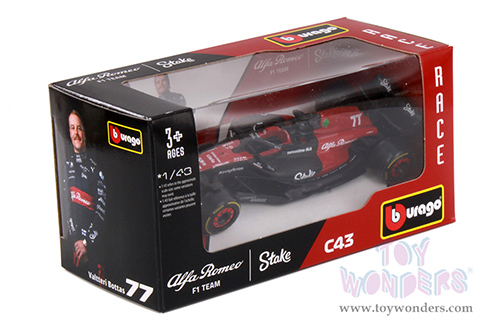 Bburago Formula Racing - Alfa Romeo F1 Team Stake C43 #77 Valtteri Bottas Formula One F1 Bahrain GP (2023) (1/43 scale diecast model car, Red/Black) 18-38085/77