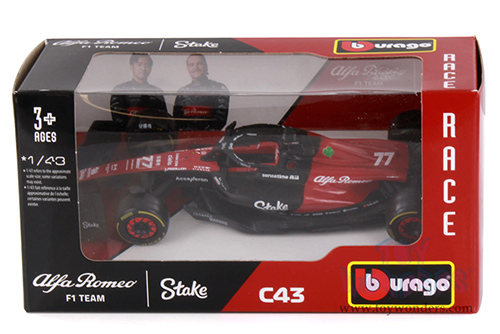 Bburago Formula Racing - Alfa Romeo F1 Team Stake C43 #77 Valtteri Bottas Formula One F1 Bahrain GP (2023) (1/43 scale diecast model car, Red/Black) 18-38085/77