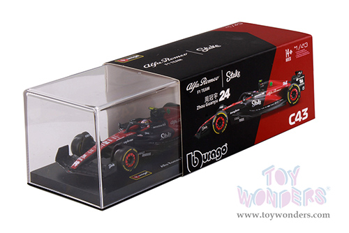 Bburago Formula Racing - Alfa Romeo F1 Team Stake C43 #24 Zhou Guanyu with Driver Formula One F1 Bahrain GP (2023) (1/43 scale diecast model car, Red/Black) 18-38086/24