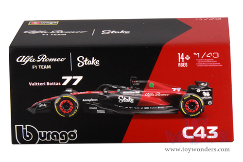 Bburago Formula Racing - Alfa Romeo F1 Team Stake C43 #77 Valtteri Bottas with Driver Formula One F1 Bahrain GP (2023) (1/43 scale diecast model car, Red/Black) 18-38086/77