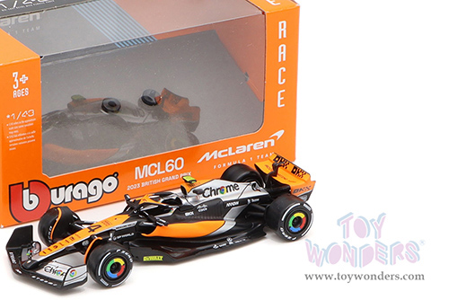 Bburago Formula Racing - McLaren F1 Team #4 Lando Norris Formula One F1 British GP (2023) (1/43 scale diecast model car, Black/Orange/Silver) 18-38087/4