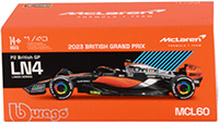 Show product details for Bburago Formula Racing - McLaren F1 Team #4 Lando Norris with Driver Formula One F1 British GP (2023) (1/43 scale diecast model car, Black/Orange/Silver) 18-38088/4