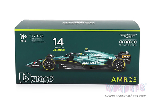 Bburago Formula Racing - Aston Martin AMR23 F1 Team #14 Fernando Alonso with Driver Formula One (2023) (1/43 scale diecast model car, Green) 18-38091/14